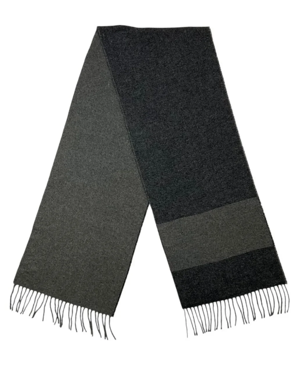 Italian Woollen Treasures Wool Scarf Gray Blue Striped Fringe NEW